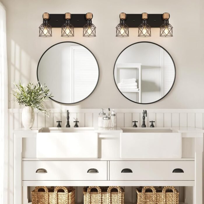 FadimiKoo 3-Light Farmhouse Vanity Light for Bathroom, Wood Bathroom Light Fixtures Over Mirror, Industrial Black Vanity Light with Metal Lampshade for Bedroom Hallway Living Room - Image 5