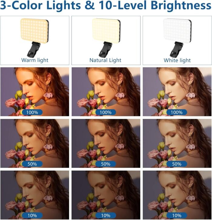 60 LED Portable Selfie Light Video Conference Lighting with Clip & Camera Tripod Adapter Rechargeable 2200mAh CRI 97+, 3 Light Modes for Phone iPhone Webcam Laptop Photo Makeup - Image 3