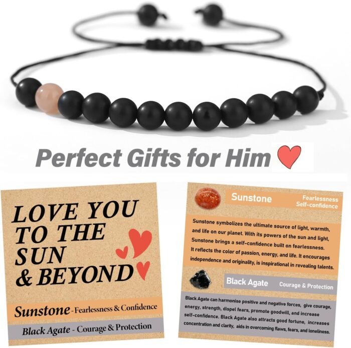 Unique Gifts for Him/Her-2 Pcs Crystal Matching Bracelets-Moonstone Sunstone-Comes in Gift Box with 2 Cards - Image 3