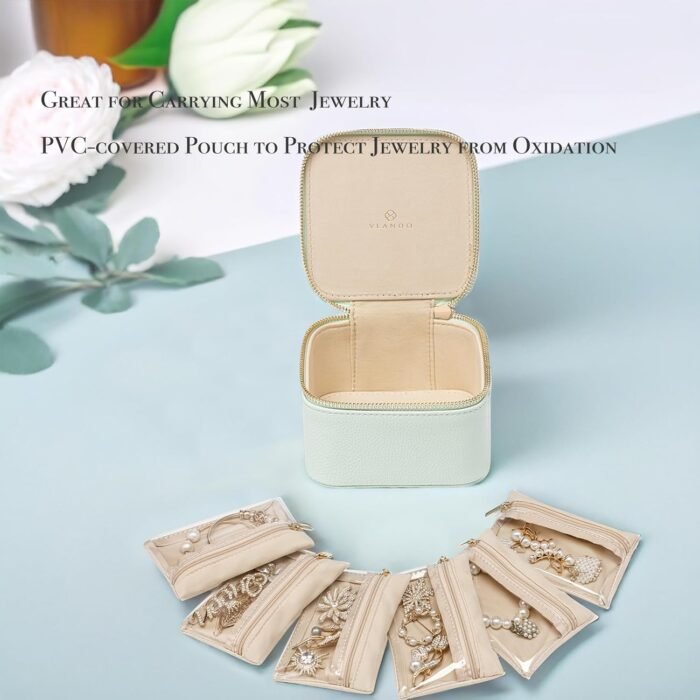 Vlando Travel Jewelry Box Organizer - 6 Small Velvet Zipped Pouches Pockets for Jewelries Necklaces Rings Earrings Sorting Storage, Menthol Mambo - Image 5