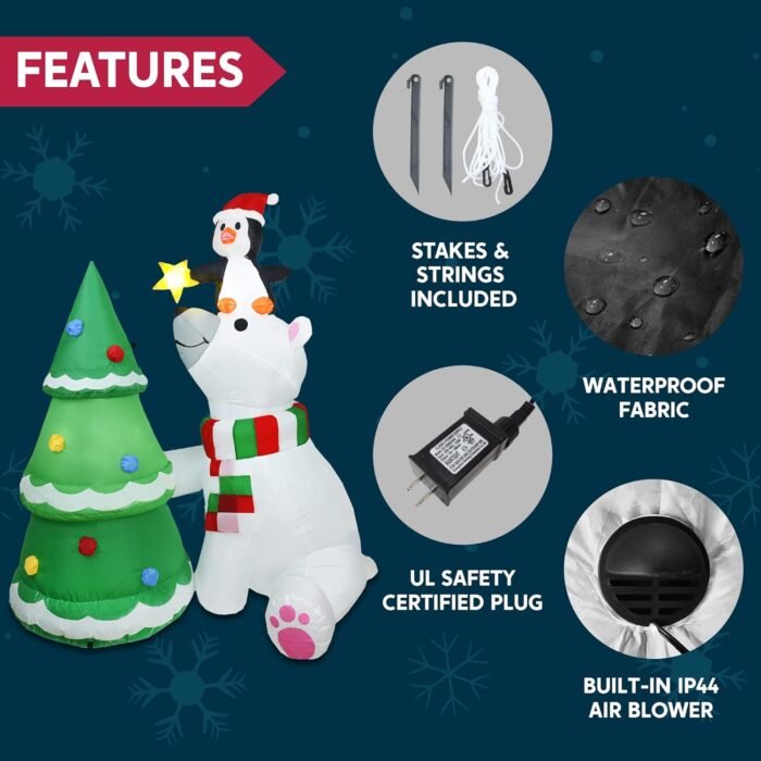 Joiedomi 6 ft Christmas Polar Bear Inflatable Decoration, Polar Bear with Penguin & Xmas Tree Inflatable with Build-in LEDs Blow Up Inflatables for Christmas Party Outdoor, Yard, Garden, Winter Décor - Image 6