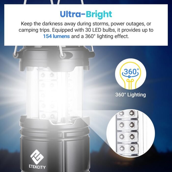 Etekcity Lantern Camping Essentials , Led Flashlight for Power Outages, Battery Operated Lights for Emergency Supplies, Survival Kit and Gear for Hurricane, 2 Pack, Black - Image 2