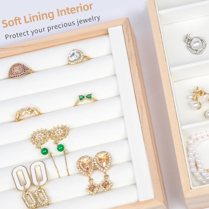 Wooden Stackable Jewelry Organizer Trays 4 Set, Wood Jewelry Storage Holder for Drawer Inserts, Jewellery Display Case Box for Earring Necklace Rings Bracelet w/Removable Dividers ((White) - Image 4