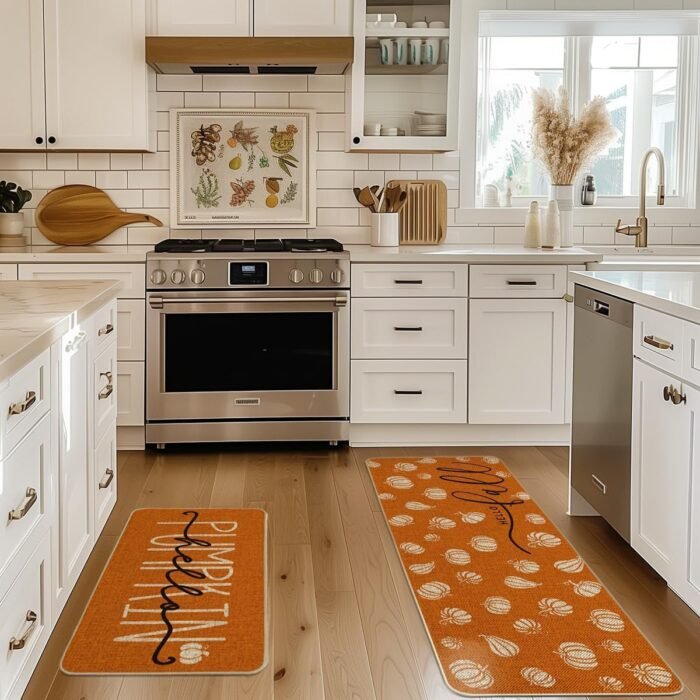 Artoid Mode Orange Hello Pumpkin Fall Kitchen Mats Set of 2, Autumn Home Decor Low-Profile Kitchen Rugs for Floor - 17x29 and 17x47 Inch - Image 2