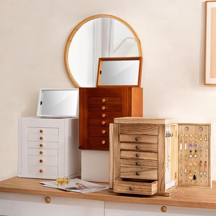 ProCase Large Jewelry Box, 7-Layer Wooden Jewelry Boxes for Women, Jewellery Holder Organizer Storage Case with Mirror for Earrings Bracelet Necklace for Dresser -Natural - Image 7
