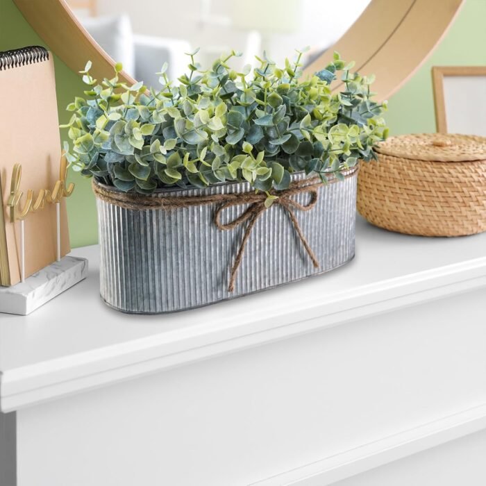 Winlyn Artificial Eucalyptus Arrangement in Rustic Oval Galvanized Metal Planter Box Faux Eucalyptus Bush Greenery Potted Plants for Farmhouse Indoor Home Office Table Centerpiece Kitchen Décor - Image 5