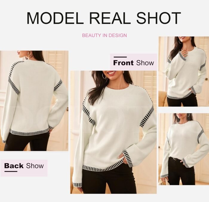 Dokotoo Sweaters for Women Fashion Solid Crewneck Loose Fit Long Sleeve Contrast Cable Knit Pullover Sweater Jumper Tops - Image 4
