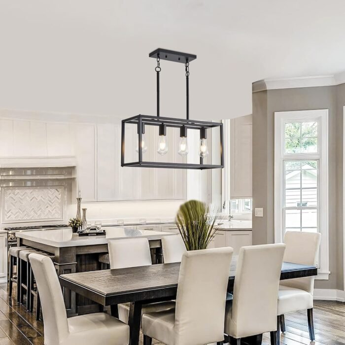 Dining Room Light Fixture 4 Light Black Farmhouse Chandelier Modern Kitchen Island Pendant Lighting Rectangular Hanging Lights for Kitchen Dining Room Adjustable Height Metal E26 Base - Image 3