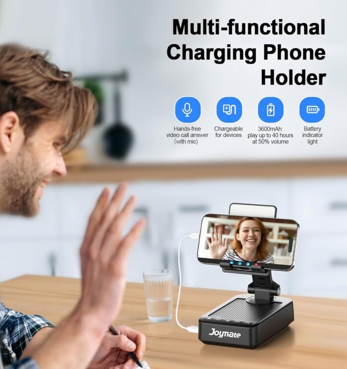 Gifts for Men Women, Joymate Bluetooth Speaker Phone Stand with Charging Function 360° Rotable Adjustable Cell Phone Holder HD Surround Sound for Desk Fits All Phones,Tablet (Black) - Image 2