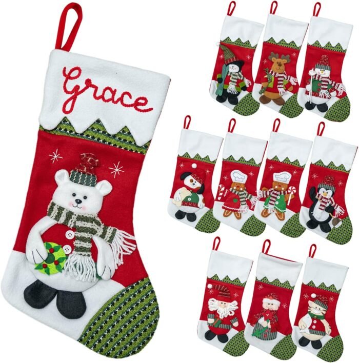 NAZENTI Personalized Christmas Stocking, Custom Hand Embroidered Chritsmas Stocking, Polar Bear Christmas Stocking, Customized Stockings Gifts for Family, Christmas Decor, 3D Plush Character Stocking