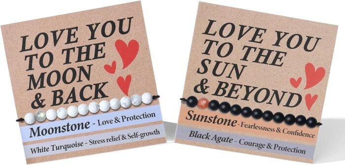Unique Gifts for Him/Her-2 Pcs Crystal Matching Bracelets-Moonstone Sunstone-Comes in Gift Box with 2 Cards