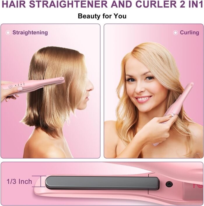 2Pcs Pink Cordless Portable Hair Straightener and Travel Hair Straightener Brush Set with Carrying Case, Hair Straightening Irons and Hot-Air Hair Brushes Set for Beauty and Personal Care - Image 5