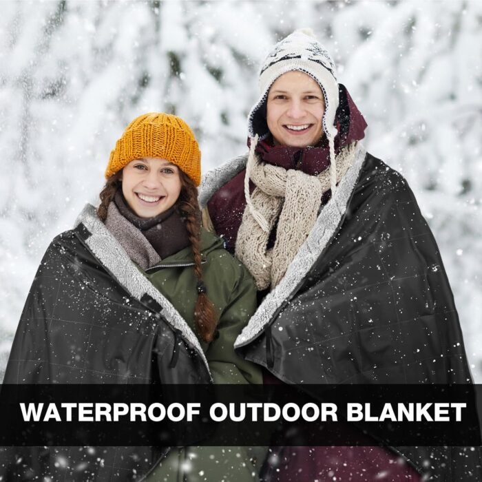 DUKUSEEK Sherpa Waterproof Camping Blanket with Hood - Warm Large Fleece Outdoor Stadium Blanket for Car, Boat, Picnic, Outdoor Sporting Events, Windproof Sports Blankets for Cold Weather - Image 3