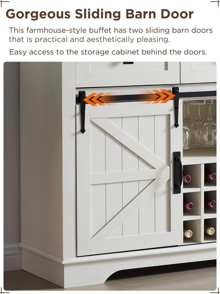 OKD Farmhouse Wine Bar Cabinet w/Sliding Barn Door, 54" Kitchen Coffee Bar Cabinet w/Wine & Glass Rack, Storage Shelves, 3 Drawers, Rustic Large Buffet Sideboard for Dining Room, Antique White - Image 4