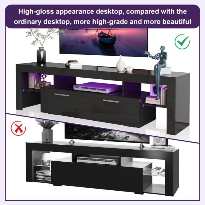 Clikuutory Modern LED 63 inch Long TV Stand with Large Storage Drawer for 50 55 60 65 70 75 Inch TVs, Black Wood TV Console with High Glossy Entertainment Center for Living Room, Bedroom, Black - Image 2