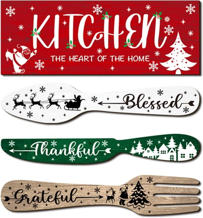 YLOLUL 4 Pieces Christmas Kitchen Decor Eat Sign Set Fork and Spoon Wooden Hanging Wall Decor Art Rustic Country Farmhouse Kitchen Xmas Santa Snowman Wall Art Sign for Dining Room Home Decor