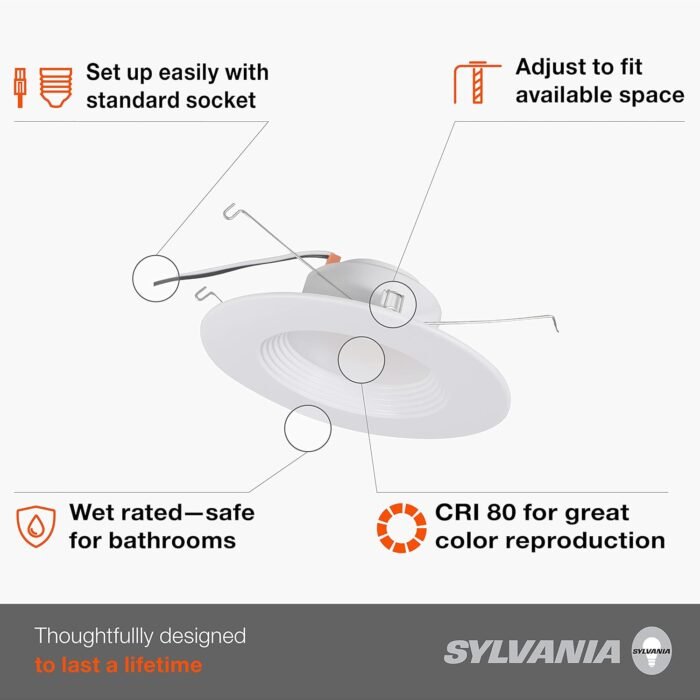 SYLVANIA 5”/6” LED Recessed Lighting Downlight with Trim, 8.5W=65W, Dimmable, 675 Lumens, White 3000K, Wet Rated / UL / Energy Star – 12 Pack (62236) - Image 2
