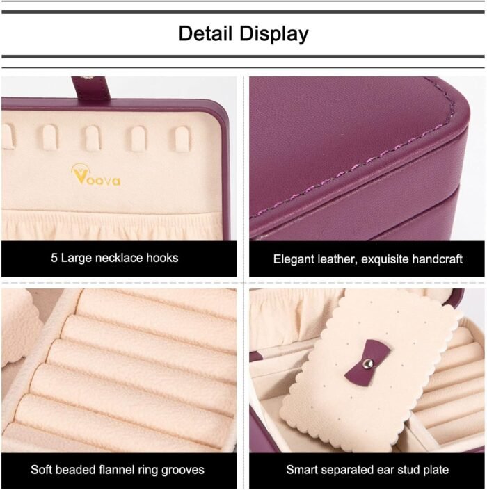 Voova Small Jewelry Organizer Box, Travel Jewelry Case for Women Teen Girls, Mini PU Leather Portable Jewellery Storage Boxes Holder with Smart Earrings Plate for Necklaces Rings Bracelets, Purple - Image 3