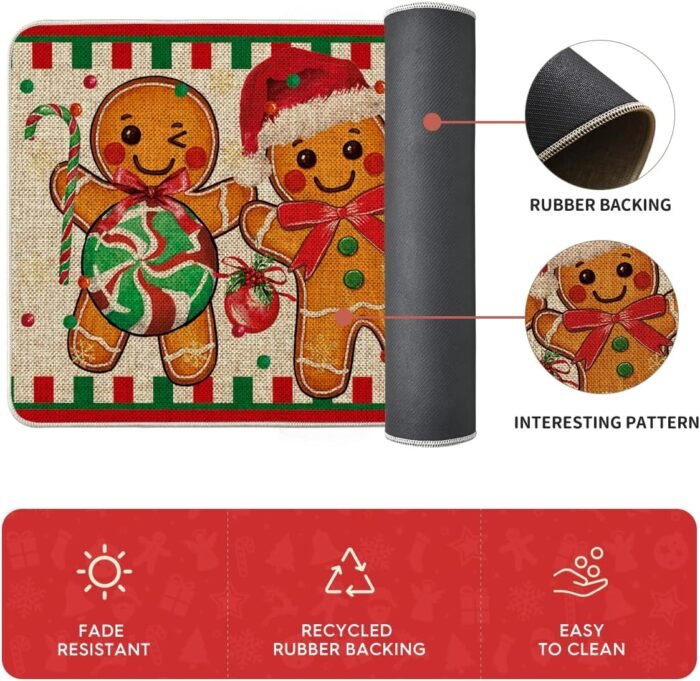 Artoid Mode Gingerbread Candy Cane Christmas Kitchen Mats Set of 2, Winter Home Decor Low-Profile Kitchen Rugs for Floor - 17x29 and 17x47 Inch - Image 5