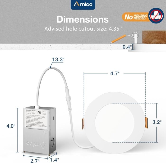 Amico 12 Pack 4 Inch 5CCT Ultra-Thin LED Recessed Dimmable Can/Ceiling Light with Junction Box, 2700K/3000K/3500K/4000K/5000K Selectable, 11W Eqv 70W, 800LM High Brightness Wafer Downlight - ETL&FCC - Image 7
