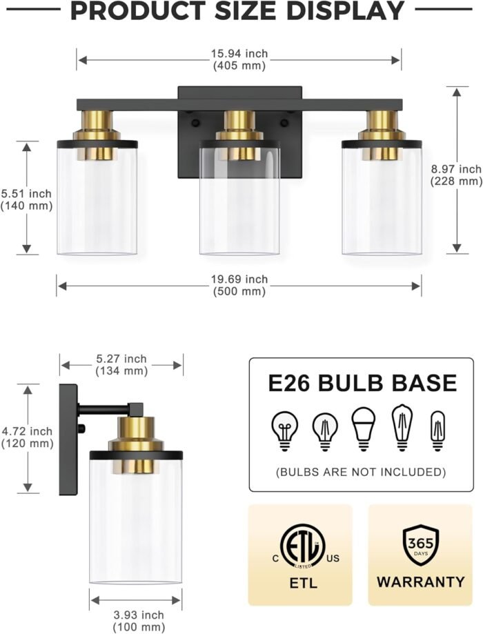 L LOHAS LED 3-Light Black and Gold Bathroom Light Fixtures,Modern Bathroom Lighting Fixtures Over Mirror with Clear Glass Shade, Bathroom Vanity Lights for Bathroom, ETL Listed - Image 3