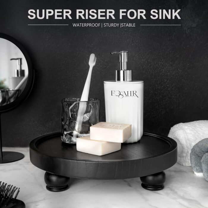 EOSAHR Modern Wood Riser for Display : Farmhouse Pedestal Stand for Kitchen Counter and Home Decor, Round Waterproof Display Tray for Soap on Sink (Black) - Image 3