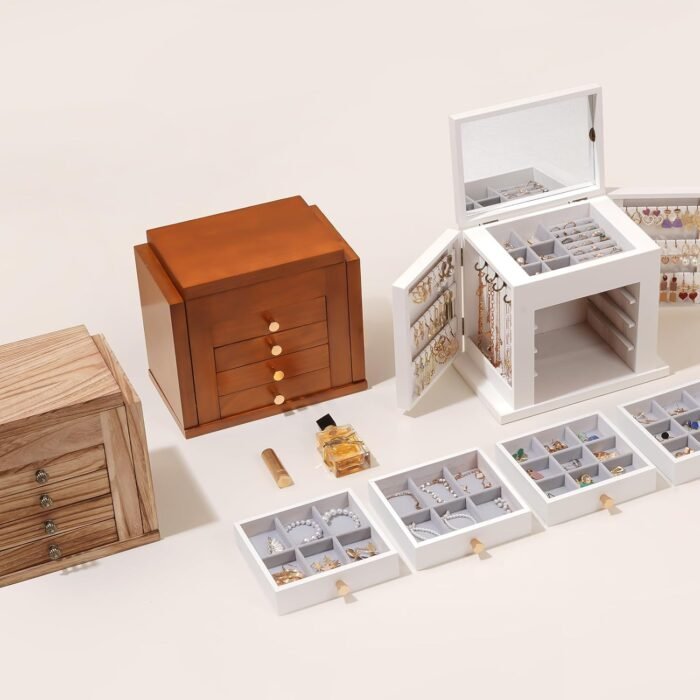 ProCase Large Jewelry Box, 5-Layer Wooden Jewelry Boxes for Women, Jewellery Holder Organizer Storage Case with Mirror for Earrings Bracelet Necklace for Dresser -Natural - Image 2