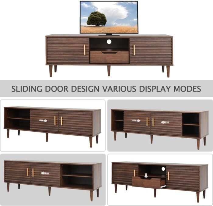 Mid-Century Modern TV Stand for TVs up to 65" Wood TV Console Media Cabinet with Drawer, Sliding Door Storage Cabinet, Open Shelf Home Entertainment Center for Living Room and Bedroom, Brown 59" - Image 3