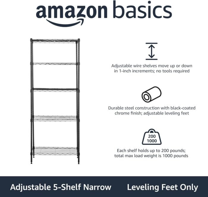 Amazon Basics 5-Shelf Multipurpose Adjustable Sturdy Steel Storage Shelving Unit, Easy Assembly, 13.4" D x 23.2"W x 60"H, Black - Image 2