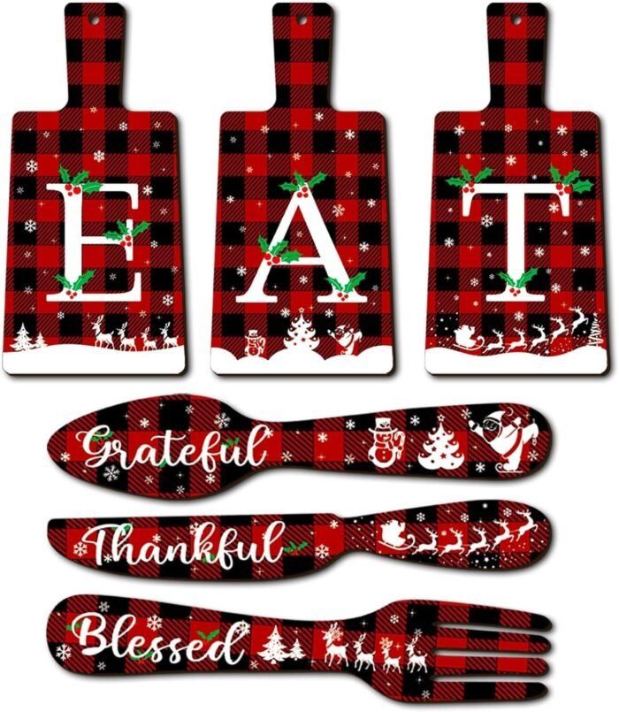 clothmile 6 Pcs Christmas Cutting Board Eat Sign Knife Spoon and Fork Wall Decor Buffalo Plaid Eat Sign Decor Burlap Wood Eat Kitchen Wall Decor Christmas Hanging Art Xmas Farmhouse Kitchen Decor - Image 7
