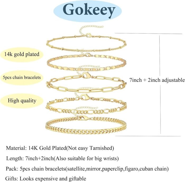 Gold Bracelets Set for Women 14K Real Gold Plated Dainty Gold Link Chain Bracelets for Women Trendy Gold Stackable Cuff Bracelets for Jewelry Gifts Women Adjustable 7"+2" - Image 5