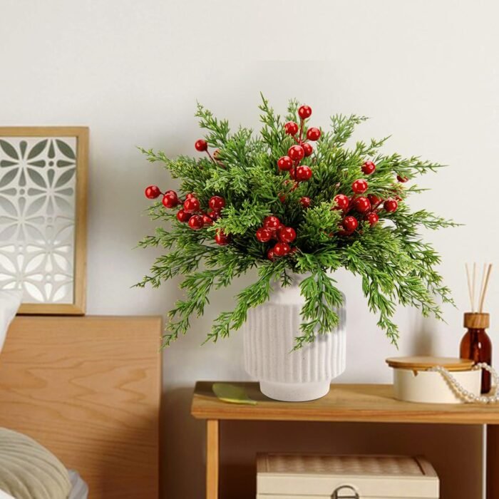 Watayo 45 Pcs Christmas Artificial Pine Branches with Red Berry Stems- 10.5" Faux Evergreen Norfolk Pine Cypress Leaves Stems- Fake Foliage Pine Needles Picks for DIY Craft Garland Home Decor - Image 7