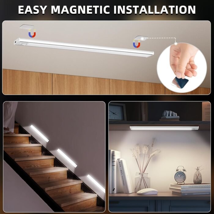 Under Cabinet Lighting Wireless, 74 LED Motion Sensor Light Indoor, 3 Color Dimmable Closet Lights Battery Operated, Rechargeable Magnetic Light, Under Counter Lights for Kitchen, Stairs, Home (3Pack) - Image 5