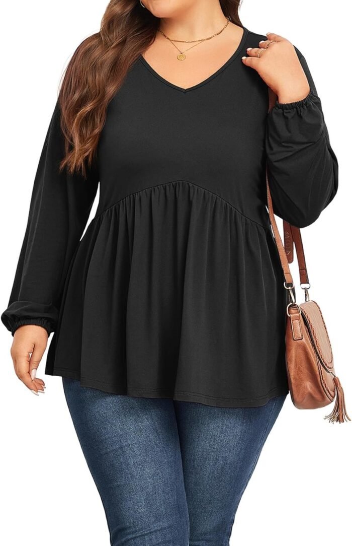 SHIJIALI Women Plus Size Tunic Long Sleeve Loose Fit Pleated Casual V Neck Babydoll Flowy Shirts