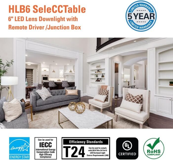 HALO HLB 6 Inch Canless Ultra-Thin Recessed Lighting LED Wafer Light for Ceiling and Shower, 6 Pack, 5 Selectable Color Temperatures, 1025 Lumens, Wet Rated, UL Certified, Energy Star - Image 9
