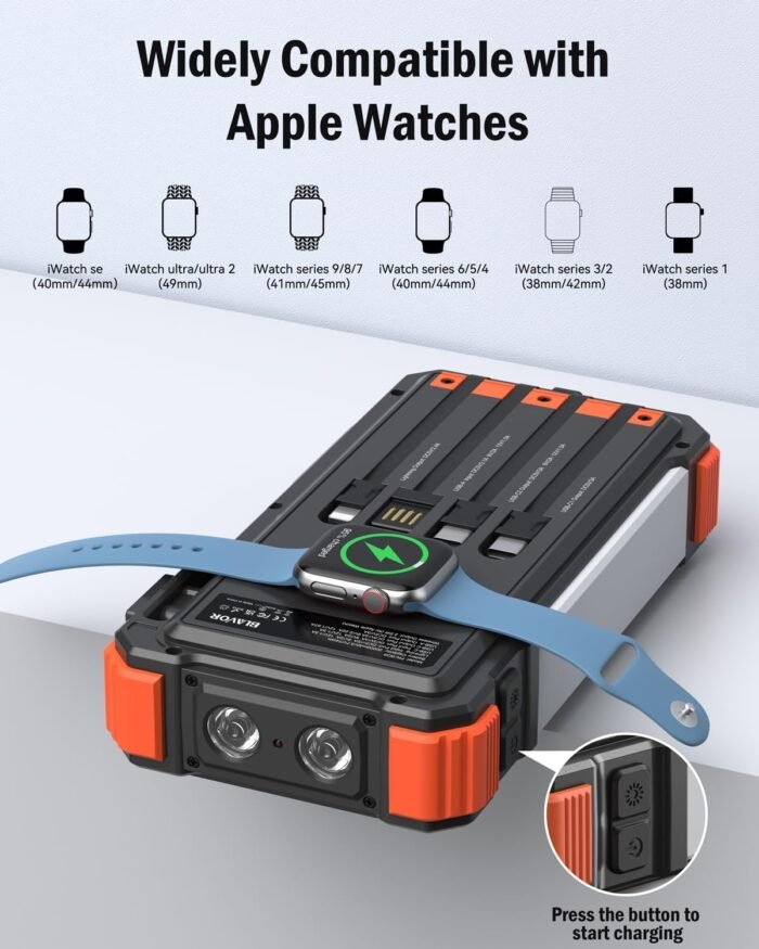 BLAVOR Solar Charger Power Bank 20000mAh Built in 4 Cables, 20W Fast Charging External Battery Pack with USB C, Camping Light, Flashlight, Carabiner for Cell Phones, Portable Charger for Apple Watch - Image 5