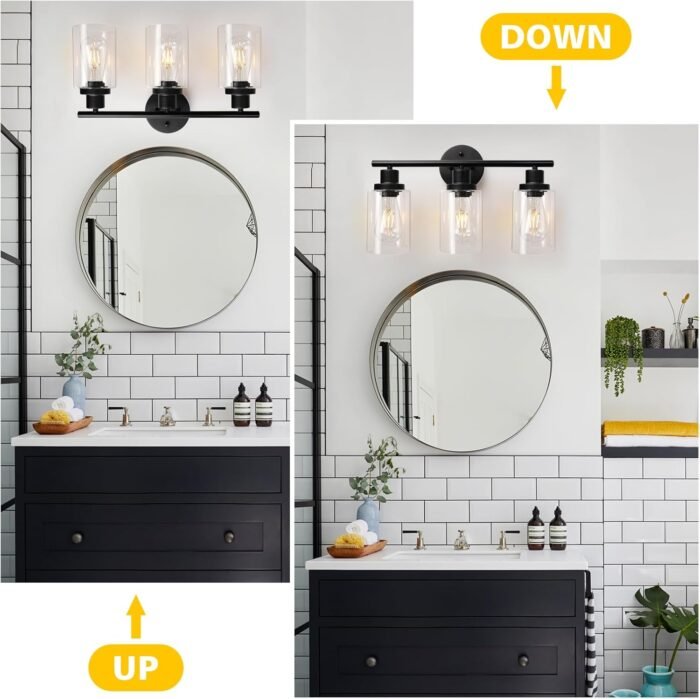 Unicozin Modern Bathroom Light Fixtures, 3 Light Vanity Lights, Black Wall Lamp with Clear Glass for Bathroom, Mirror, Living Room, Bedroom, Hallway, E26 Base - Image 5