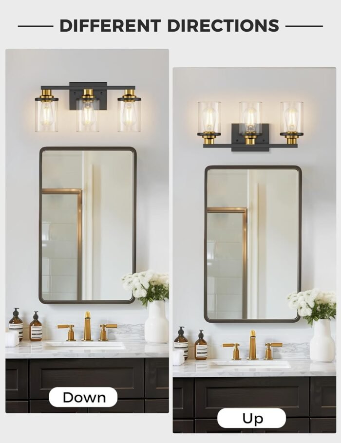 L LOHAS LED 3-Light Black and Gold Bathroom Light Fixtures,Modern Bathroom Lighting Fixtures Over Mirror with Clear Glass Shade, Bathroom Vanity Lights for Bathroom, ETL Listed - Image 5