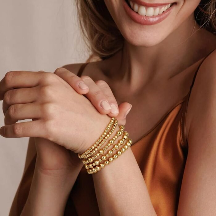 adoyi Gold Bracelets for Women, 14K Gold Plated Beaded Bracelets Gold Stretch Bead Ball Bracelet stack Set Adjustable Bracelet Set Jewelry for Gifts - Image 2