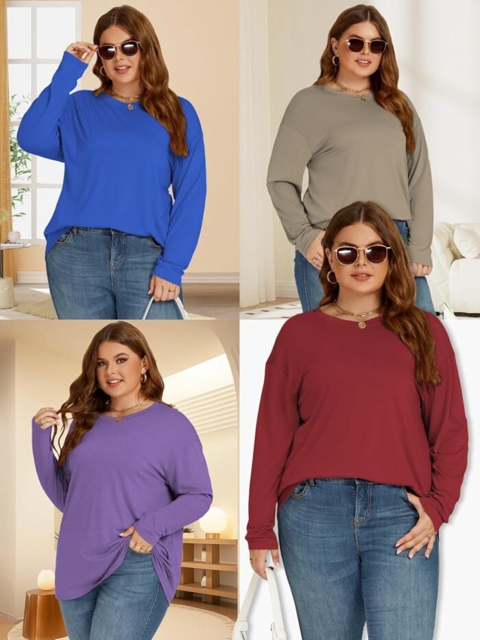 ROSRISS Plus-Size-Oversized-Tops for Women Trendy Drop Shoulder Pullover Shirts Casual Crewneck Long Sleeve Tunics XL-5XL - Image 7