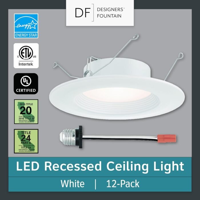 DESIGNERS FOUNTAIN LED Recessed Ceiling Lights, 12 Pack, 5"/6" retrofit trim with E26 socket adaptor 5CCT Downlight Metal Light Fixture Set, Dimmable, 1050 Lumens, 2700K/3000K/3500K/4000K/5000K, White - Image 2