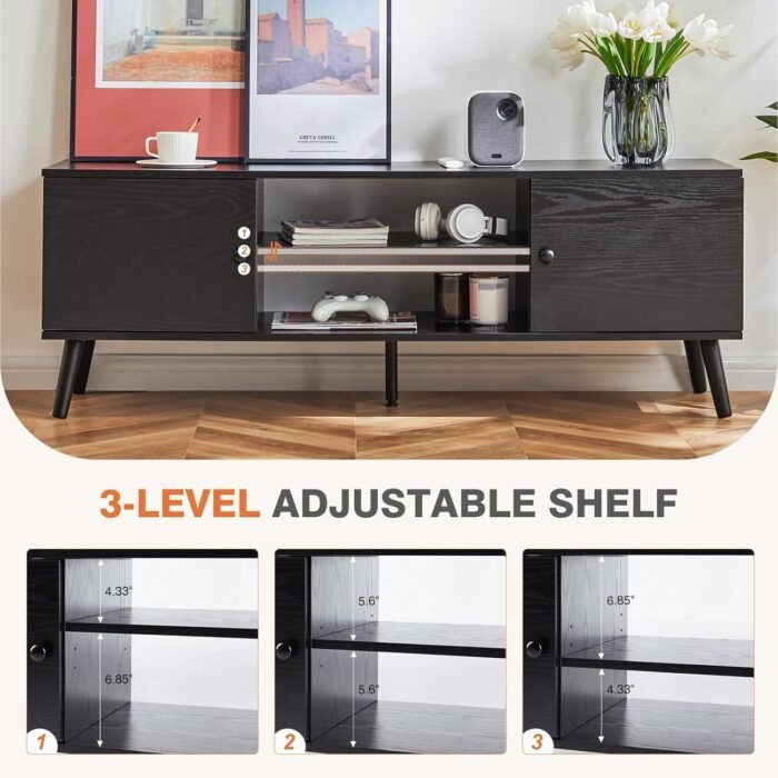 Sweetcrispy TV Stand for 55 60 inch TV, Modern Mid Century Entertainment Center with Storage, Media Console Table 2 Cabinet, Soft Hinge, Handle Door, Wooden Living Room, Office Furniture, Black - Image 4