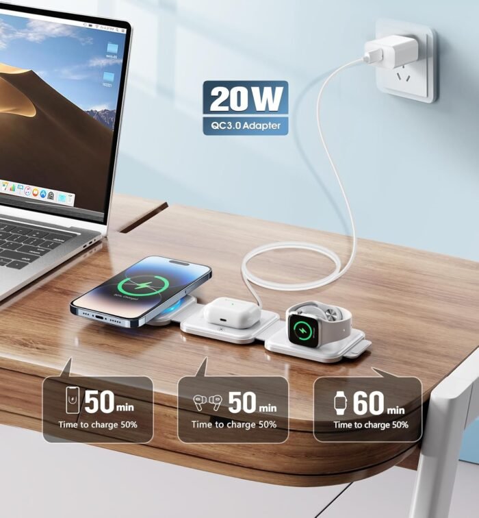 3 in 1 Charging Station for Apple Devices 20W Foldable Mag-Safe Charger for Travel Wireless Charger Pad for iPhone 16 15 14 13 12 Pro/Pro Max/Plus/Mini AirPods 2/3/Pro iWatch Ultra/8/7/SE/6/5/4/3/2 - Image 3