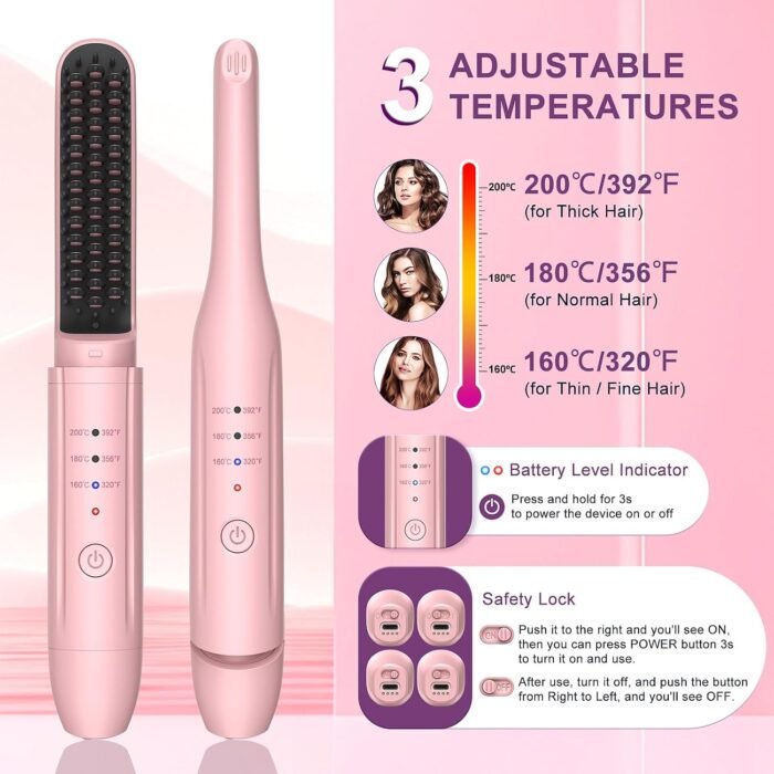 2Pcs Pink Cordless Portable Hair Straightener and Travel Hair Straightener Brush Set with Carrying Case, Hair Straightening Irons and Hot-Air Hair Brushes Set for Beauty and Personal Care - Image 6