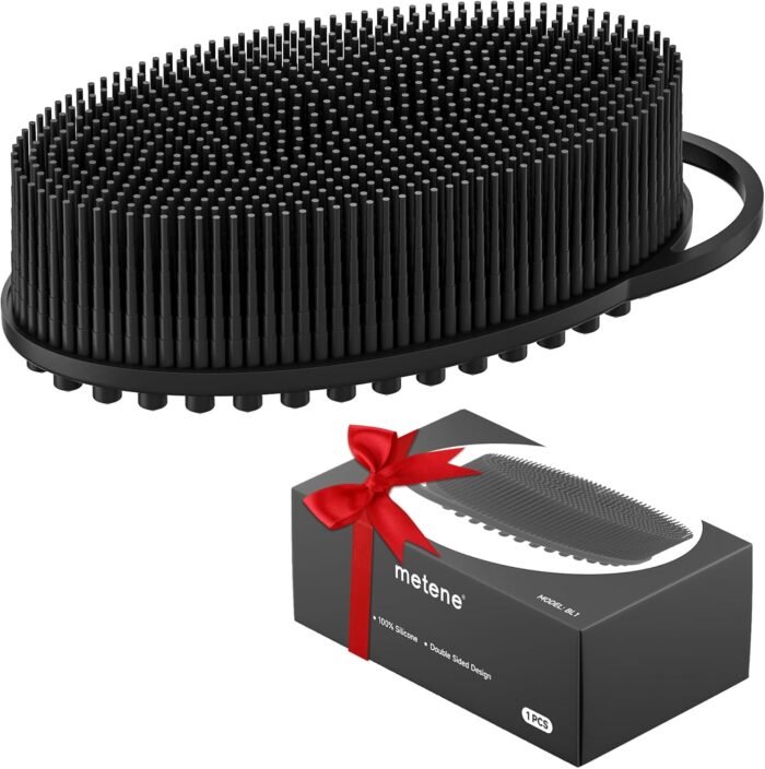 Metene Silicone Exfoliating Body Scrubber with Loop, Body Scrubber for Men and Women, Silicone Loofah for Shower, Soft Silicone Body Scrubber for Shower and Bath Skincare Routine (Black)