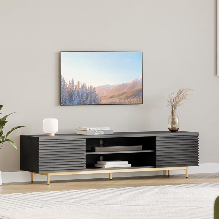 BELLEZE 68" Fluted TV Stand for TV up to 75", Modern Entertainment Center with Storage Cabinet, Slatted Door Decorated Media Console Table, Home Living Room Bedroom Furniture(Ebony) - Image 7