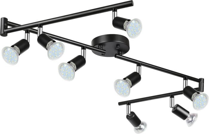 Unicozin LED 8 Light Track Lighting Kit, Black 8 Way Ceiling Spot Lighting, Flexibly Rotatable Light Head, Track Light Included 8 x LED GU10 Bulb (4W, Daylight White 5000K, 400LM)