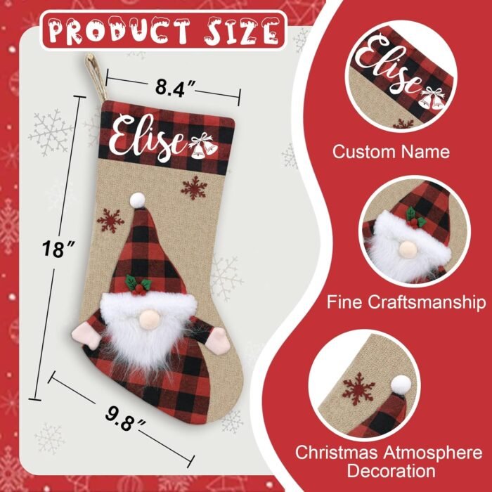 Dreamdecor Christmas Stockings Personalized with Name, 18" Christmas Stocking Deer Gnome Santa Snowman Burlap Plaid Xmas Stocking Holiday Christmas Decoration Gifts for Family Kids - Image 5