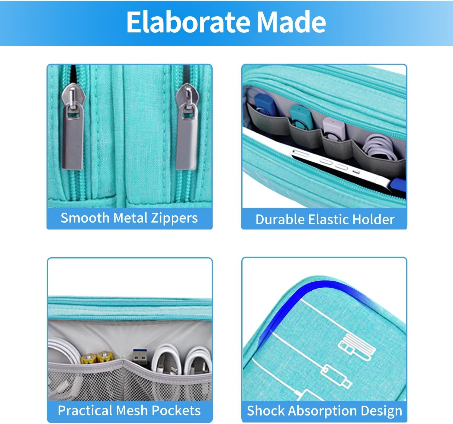 HESTECH Electronics Organizer Travel Charger Case Cord Cable Organizer Bag Portable Waterproof Double Layers All-in-one Storage for Charger Mouse Earbud USB Drive (Teal, Medium) - Image 5