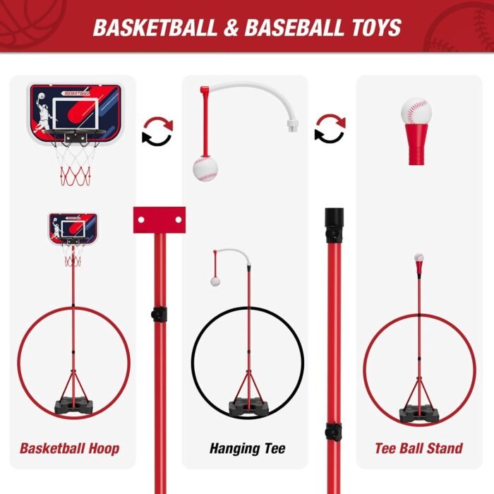 4 in 1 Kids Basketball Hoop and Tball Set for Toddlers 3-5, Adjustable Hanging Tee Ball Stand with Automatic Pitching Machine, Indoor Outdoor Sport Toys Christmas Birthday Gifts for Boys Girls - Image 6